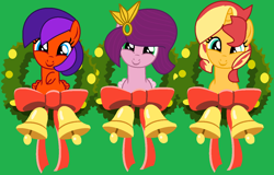 Size: 1356x866 | Tagged: safe, artist:jadeharmony, imported from derpibooru, pipp petals, sunset shimmer, oc, oc:jade harmony, pegasus, pony, unicorn, equestria girls, bell, christmas, female, g5, green background, holiday, looking at you, mare, my little pony: a new generation, simple background, smiling