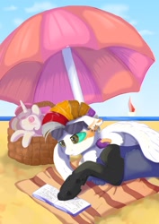 Size: 1000x1414 | Tagged: artist needed, source needed, safe, imported from derpibooru, princess celestia, oc, oc:myrilith, draconequus, beach, beach towel, beach umbrella, book, celestia plushie, plushie, solo, sunglasses, sunglasses on head, umbrella, water