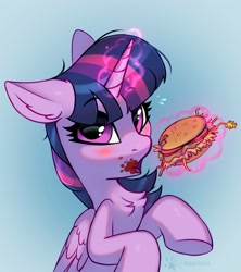Size: 1772x2000 | Tagged: safe, artist:taneysha, imported from derpibooru, twilight sparkle, alicorn, pony, blushing, burger, chest fluff, female, food, hay burger, ketchup, levitation, looking at you, magic, messy eating, open mouth, sauce, solo, telekinesis, that pony sure does love burgers, twilight burgkle, twilight sparkle (alicorn)