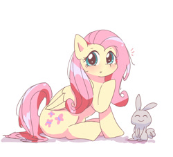 Size: 1100x1000 | Tagged: safe, artist:leo19969525, imported from derpibooru, angel bunny, fluttershy, pegasus, pony, rabbit, animal, blushing, cute, duo, female, looking at you, shyabetes, simple background, sitting, white background