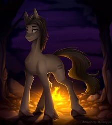 Size: 1944x2160 | Tagged: safe, artist:buvanybu, imported from derpibooru, oc, oc only, oc:iron bars, earth pony, pony, equal cutie mark, fire, night, solo