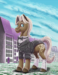 Size: 1024x1326 | Tagged: safe, artist:amalgamzaku, imported from derpibooru, beaude mane, pony, clothes, solo, spats