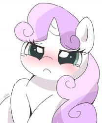 Size: 2000x2400 | Tagged: safe, artist:leo19969525, imported from derpibooru, sweetie belle, pony, unicorn, blushing, crying, cute, diasweetes, female, filly, high res, simple background, solo, white background
