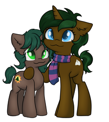 Size: 2420x2719 | Tagged: safe, artist:dumbwoofer, imported from derpibooru, oc, oc only, oc:pine shine, oc:rosetta spring, pony, unicorn, clothes, duo, embrace, female, high res, mare, scarf, siblings, simple background, sisters, size difference, striped scarf, transparent background