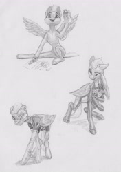 Size: 3132x4442 | Tagged: safe, artist:joestick, imported from derpibooru, fleetfoot, pegasus, pony, clothes, crying, female, flower, mare, monochrome, pencil drawing, scar, scissors, sitting, solo, tears of joy, traditional art, uniform, wonderbolts, wonderbolts uniform