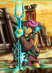 Size: 1237x1750 | Tagged: safe, artist:jamescorck, imported from derpibooru, scootaloo, anthro, pegasus, clothes, crossover, electricity, female, solo, video game crossover, warhammer (game), warhammer 40k