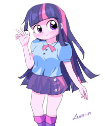 Size: 1000x1200 | Tagged: safe, artist:leo19969525, imported from derpibooru, twilight sparkle, equestria girls, clothes, cute, eyebrows, eyebrows visible through hair, female, simple background, skirt, solo, twiabetes, wave, white background