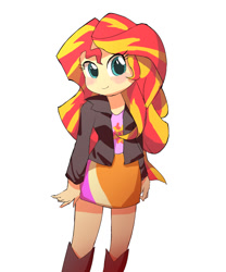 Size: 1000x1200 | Tagged: safe, artist:leo19969525, imported from derpibooru, sunset shimmer, equestria girls, blush sticker, blushing, clothes, cute, female, looking at you, shimmerbetes, simple background, skirt, smiling, smiling at you, solo, white background