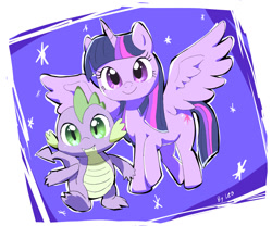 Size: 1200x1000 | Tagged: safe, artist:leo19969525, imported from derpibooru, spike, twilight sparkle, alicorn, dragon, pony, cute, cute little fangs, duo, fangs, female, happy, looking at you, male, smiling, spikabetes, spread wings, twiabetes, twilight sparkle (alicorn), wings