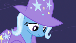 Size: 1920x1080 | Tagged: safe, imported from derpibooru, screencap, trixie, pony, unicorn, magic duel, season 3, cape, clothes, female, hat, looking down, mare, sad, solo, trixie's cape, trixie's hat