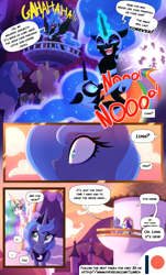 Size: 3541x5871 | Tagged: safe, artist:lummh, artist:regendary, imported from derpibooru, applejack, fluttershy, nightmare moon, pinkie pie, princess celestia, princess luna, rainbow dash, rarity, twilight sparkle, alicorn, earth pony, pegasus, pony, unicorn, comic:the princess of love, friendship is magic, ..., absurd resolution, advertisement, canterlot, canterlot castle, comic, element of generosity, element of honesty, element of kindness, element of laughter, element of loyalty, element of magic, elements of harmony, exclamation point, fangs, female, g4, laughing, magic, mane six, mare, question mark, rainbow, rainbow power, royal sisters, s1 luna, siblings, sisters, sunset, unicorn twilight, young luna