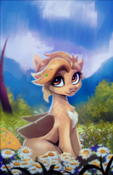 Size: 1500x2312 | Tagged: safe, artist:hierozaki, imported from derpibooru, oc, oc only, pegasus, pony, chest fluff, cloud, flower, grass, pale belly, sitting, solo, tree