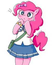 Size: 899x1124 | Tagged: safe, artist:leo19969525, imported from derpibooru, pinkie pie, earth pony, semi-anthro, blushing, clothes, cute, diapinkes, female, heart, purse, school uniform, schoolgirl, simple background, skirt, solo, watch, white background