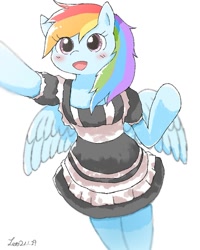 Size: 899x1124 | Tagged: safe, artist:leo19969525, imported from derpibooru, rainbow dash, pegasus, semi-anthro, arm hooves, blushing, clothes, cute, dashabetes, female, maid, open mouth, open smile, rainbow maid, simple background, smiling, solo, spread wings, white background, wings