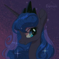 Size: 2000x2000 | Tagged: safe, artist:duvivi, imported from derpibooru, princess luna, alicorn, pony, 90s anime, high res, retro, smiling, solo, sparkles, style emulation