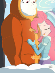 Size: 768x1024 | Tagged: safe, artist:dashdeviant, artist:siuleuquirne89, imported from derpibooru, bulk biceps, pinkie pie, equestria girls, clothes, eyes closed, female, height difference, hug, jacket, male, pieceps, shipping, straight, winter outfit