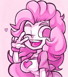 Size: 1042x1191 | Tagged: safe, artist:kyouman1010, imported from derpibooru, pinkie pie, equestria girls, breasts, busty pinkie pie, female, heart, one eye closed, open mouth, peace sign, simple background, solo