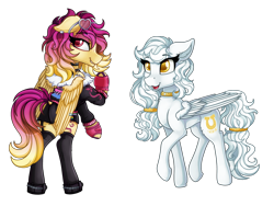 Size: 2200x1650 | Tagged: safe, artist:stainedglasslighthea, imported from derpibooru, oc, oc only, oc:aurelia, oc:sunrise skies, pegasus, pony, bedroom eyes, bipedal, bisexual pride flag, boots, butt, choker, clothes, commission, duo, ear piercing, earring, eyeshadow, female, fingerless gloves, freckles, gay pride flag, gloves, grin, jacket, jewelry, makeup, mare, open mouth, piercing, plot, pride, pride flag, raised hoof, shoes, shorts, simple background, smiling, socks, stockings, sunglasses, tanktop, thigh highs, transparent background, unshorn fetlocks