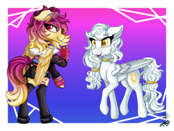 Size: 2200x1650 | Tagged: safe, alternate version, artist:stainedglasslighthea, imported from derpibooru, oc, oc only, oc:aurelia, oc:sunrise skies, pegasus, pony, bedroom eyes, bipedal, bisexual pride flag, boots, butt, choker, clothes, commission, duo, ear piercing, earring, eyeshadow, female, fingerless gloves, freckles, gay pride flag, gloves, grin, jacket, jewelry, makeup, mare, open mouth, piercing, plot, pride, pride flag, raised hoof, shoes, shorts, smiling, socks, stockings, sunglasses, tanktop, thigh highs, unshorn fetlocks