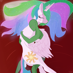 Size: 3000x3000 | Tagged: safe, alternate version, artist:enonnnymous, imported from derpibooru, princess celestia, oc, oc:anon, alicorn, human, pony, /sun/, bed, blushing, chest fluff, cuddling, cute, cutelestia, dock, duo, eyes closed, high res, hug, human on pony snuggling, love, lying down, pillow, sigh, sleeping, smiling, snuggling, tail, tired, winghug, wings