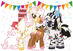 Size: 1100x761 | Tagged: safe, artist:jennieoo, imported from derpibooru, oc, oc only, oc:adrianee, oc:donut daydream, oc:princess coke, alicorn, pony, zebra, adream, birthday, birthday cake, cake, confetti, food, group hug, hat, hug, party, party hat, show accurate, simple background, transparent background