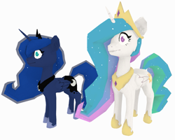 Size: 1245x997 | Tagged: safe, artist:marsminer, imported from derpibooru, princess celestia, princess luna, alicorn, pony, 3d, crown, duo, duo female, female, folded wings, full body, hoof shoes, horn, jewelry, mare, no pupils, peytral, regalia, royal sisters, siblings, simple background, sisters, standing, vrchat, white background, wings