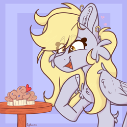 Size: 1993x2000 | Tagged: safe, artist:tizhonolulu, imported from derpibooru, derpy hooves, pegasus, pony, cheek fluff, chest fluff, food, happy, heart eyes, muffin, solo, table, wingding eyes