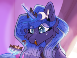 Size: 2160x1620 | Tagged: safe, artist:tizhonolulu, imported from derpibooru, princess luna, alicorn, pony, cheek fluff, chocolate, cookie, curtains, fangs, food, freckles, happy, levitation, magic, smiling, solo, telekinesis