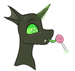 Size: 1113x1051 | Tagged: safe, artist:tizhonolulu, imported from derpibooru, oc, oc only, changeling, pony, blushing, candy, fangs, food, green changeling, heart eyes, lollipop, magic, simple background, solo, tongue out, white background, wingding eyes