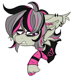 Size: 1239x1326 | Tagged: safe, artist:tizhonolulu, imported from derpibooru, oc, oc only, oc:gravel shine, bat pony, pony, angry, cheek fluff, clothes, ear piercing, piercing, simple background, solo, unshorn fetlocks, white background