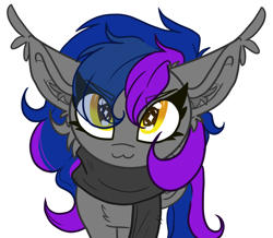 Size: 1968x1716 | Tagged: safe, artist:tizhonolulu, imported from derpibooru, oc, oc only, oc:varyus, bat pony, pony, cheek fluff, clothes, looking at you, looking up, scarf, simple background, solo, up to no good, white background