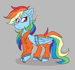 Size: 1676x1559 | Tagged: safe, artist:tizhonolulu, imported from derpibooru, rainbow dash, pegasus, pony, chains, cheek fluff, clothes, confused, prison outfit, prisoner, prisoner rd, solo
