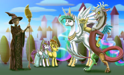 Size: 1280x778 | Tagged: safe, artist:amalgamzaku, imported from derpibooru, discord, princess celestia, spitfire, oc, oc:passionate heart, alicorn, draconequus, human, pegasus, pony, fanfic:child of two worlds, alicorn oc, broom, clothes, draco malfoy, dress, fanfic art, female, filly, harry potter (series), horn, minerva mcgonagall, open mouth, ponified, wings