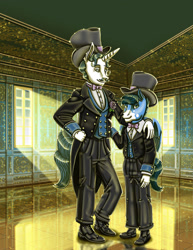 Size: 1024x1326 | Tagged: safe, artist:amalgamzaku, imported from derpibooru, fancypants, oc, anthro, pegasus, bowtie, clothes, hat, shoes, top hat, tuxedo