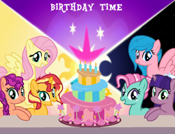 Size: 1018x776 | Tagged: safe, artist:cloudyponyartists, artist:hate-love12, imported from derpibooru, firefly, fluttershy, kimono, minty, princess cadance, princess celestia, princess luna, sunny starscout, sunset shimmer, twilight sparkle, earth pony, pegasus, pony, unicorn, base used, birthday cake, cake, cutie mark, food, g1, g1 to g4, g3, g3 to g4, g4, g5, g5 to g4, generation leap, my little pony: a new generation