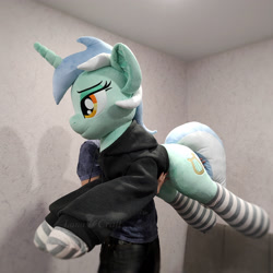 Size: 3160x3160 | Tagged: safe, artist:lanacraft, imported from derpibooru, lyra heartstrings, pony, unicorn, fanfic:background pony, background pony, clothes, dig the swell hoodie, high res, hoodie, irl, life size, photo, plushie, socks, striped socks