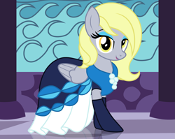 Size: 2113x1684 | Tagged: safe, artist:badumsquish, derpibooru exclusive, imported from derpibooru, derpy hooves, pegasus, pony, alternate hairstyle, beautiful, clothes, cute, cutie mark on clothes, derpabetes, dress, eyeshadow, feathered wings, female, folded wings, gala dress, grand galloping gala, jewelry, kneesocks, lidded eyes, lipstick, looking at you, looking at you but also not looking at you, makeup, mare, palace, pegasus wings, pose, reflection, show accurate, smiling, socks, solo, wings