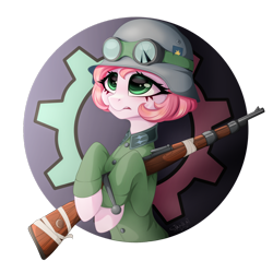 Size: 1920x1920 | Tagged: safe, artist:stahlkat, imported from derpibooru, oc, oc only, earth pony, pony, bangs, bust, buttons, clothes, cracked glass, cutie mark, cutie mark on clothes, earth pony oc, eyelashes, gear, goggles, goggles on head, green eyes, gun, helmet, military uniform, oc name needed, out of frame, pink hair, princess celestia's cutie mark, rifle, signature, simple background, solo, transparent background, uniform, weapon