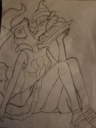 Size: 756x1008 | Tagged: safe, artist:redfern05, imported from derpibooru, pinkie pie, a trivial pursuit, equestria girls, bread, cookie, cupcake, eating, equestria girls interpretation, female, food, majestic as fuck, monochrome, open mouth, scene interpretation, sitting, sketch, solo, stuffing, traditional art