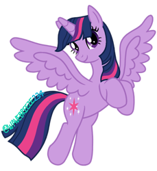 Size: 850x926 | Tagged: safe, artist:wavebreeze234, imported from derpibooru, twilight sparkle, alicorn, pony, female, full body, horn, mare, multicolored mane, multicolored tail, purple eyes, simple background, smiling, solo, spread wings, tail, transparent background, twilight sparkle (alicorn), wings