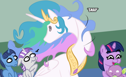 Size: 1132x691 | Tagged: safe, artist:velgarn, imported from derpibooru, night light, princess celestia, spike, twilight sparkle, twilight velvet, alicorn, dragon, pony, unicorn, baby, baby dragon, baby spike, cropped, female, filly, happy, hug, male, mama twilight, mare, menacing, neck snap, scared, stallion, young twilight, younger