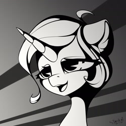 Size: 1920x1920 | Tagged: safe, artist:stahlkat, imported from derpibooru, oc, oc only, pony, unicorn, ahoge, black and white, bust, digital art, ear fluff, eyelashes, floppy ears, grayscale, horn, looking at something, monochrome, oc name needed, open mouth, portrait, signature, solo, teeth, unicorn oc