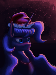 Size: 1500x2019 | Tagged: safe, artist:vezja, imported from derpibooru, princess luna, alicorn, bust, christmas, hat, holiday, horn, jewelry, portrait, regalia, santa hat, snow