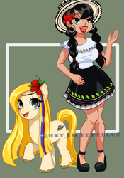 Size: 2501x3565 | Tagged: safe, artist:hey-im-betyblue, imported from derpibooru, oc, oc only, oc:isabella blend, earth pony, human, pony, clothes, colombia, ear piercing, earring, female, flower, flower in hair, hat, high heels, high res, human ponidox, humanized, humanized oc, jewelry, lipstick, makeup, mare, multicolored hair, open mouth, piercing, self paradox, self ponidox, shirt, shoes, skirt, solo, unshorn fetlocks