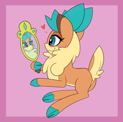 Size: 3828x3811 | Tagged: safe, artist:mrneo, imported from derpibooru, deer, reindeer, them's fightin' herds, butt, cloven hooves, community related, heart, high res, looking at mirror, looking at self, lying down, mirror, narcissism, pink background, plot, simple background, solo, vanity, velvet (tfh), velvetbutt