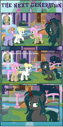 Size: 1764x3535 | Tagged: safe, artist:shootingstarsentry, imported from derpibooru, auburn vision, strawberry scoop, summer breeze, oc, oc:nightshade (digimonlover101), changepony, earth pony, hybrid, pegasus, pony, comic:the next generation, comic, friendship student, interspecies offspring, offspring, parent:king sombra, parent:queen chrysalis, parents:chrysombra