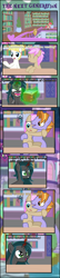 Size: 1008x4631 | Tagged: safe, artist:shootingstarsentry, imported from derpibooru, auburn vision, strawberry scoop, summer breeze, oc, oc:nightshade (digimonlover101), changepony, earth pony, hybrid, pony, spider, star spider, comic:the next generation, book, bookshelf, comic, female, filly, friendship student, glowing, glowing horn, horn, interspecies offspring, magic, offspring, parent:king sombra, parent:queen chrysalis, parents:chrysombra, starry eyes, telekinesis, wingding eyes