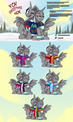 Size: 1920x3194 | Tagged: safe, artist:light262, imported from derpibooru, oc, alicorn, pony, advertisement, base pony, clothes, commission, couple, female, generic pony, hearth's warming eve, horn, male, scarf, snow, spread wings, wings, winter, ych example, your character here