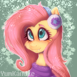 Size: 3500x3500 | Tagged: safe, artist:yumkandie, imported from derpibooru, fluttershy, pegasus, pony, best gift ever, cheek fluff, chest fluff, clothes, cute, cute little fangs, earmuffs, fangs, female, heart eyes, high res, mare, shyabetes, snow, solo, sweater, watermark, wingding eyes