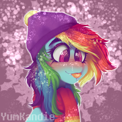 Size: 3500x3500 | Tagged: safe, artist:yumkandie, imported from derpibooru, rainbow dash, pegasus, pony, best gift ever, clothes, cute, dashabetes, hat, heart eyes, high res, scarf, snow, solo, wingding eyes